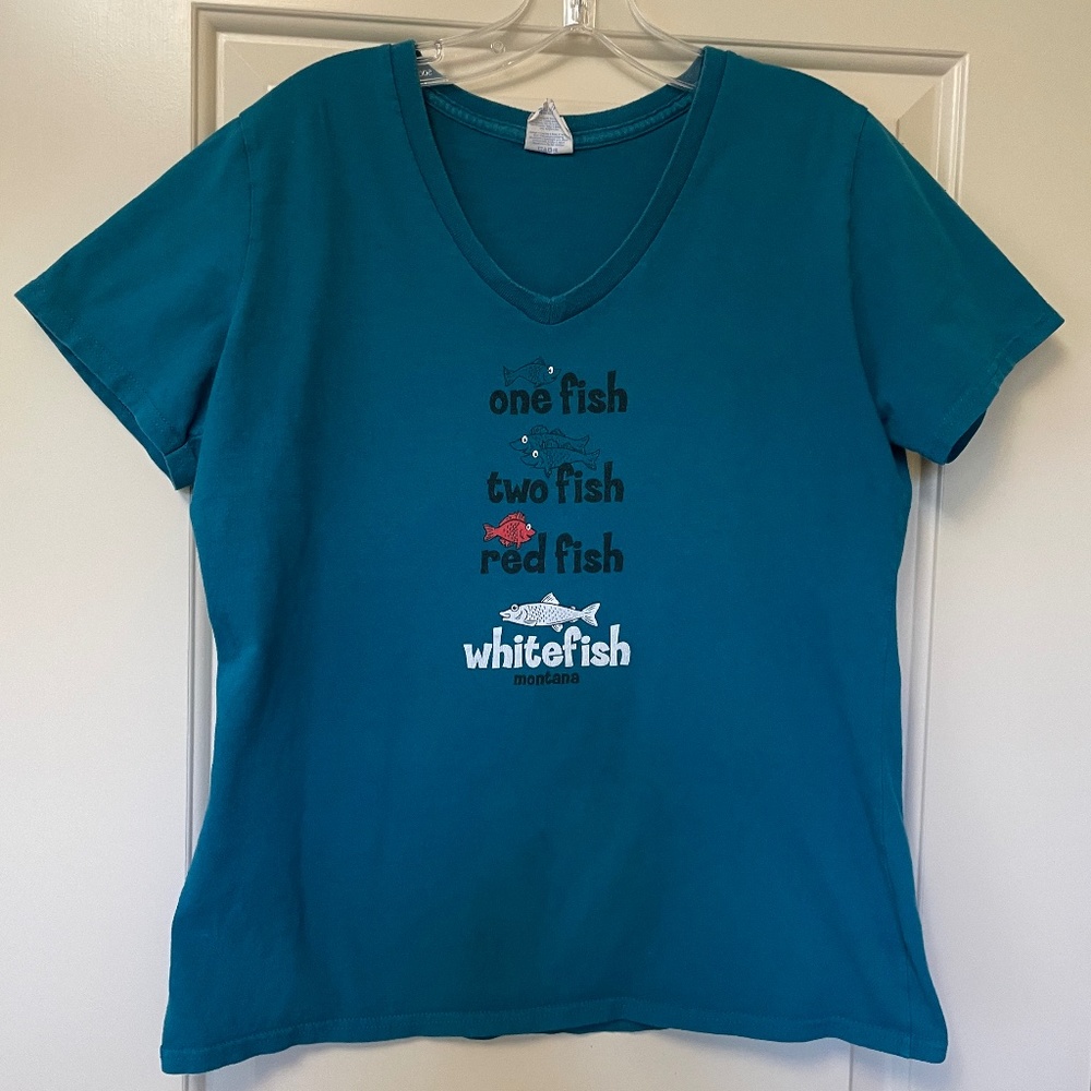 Whitefish Montana Teal Short-Sleeved V-Neck Tee by Port & Company, Size Medium